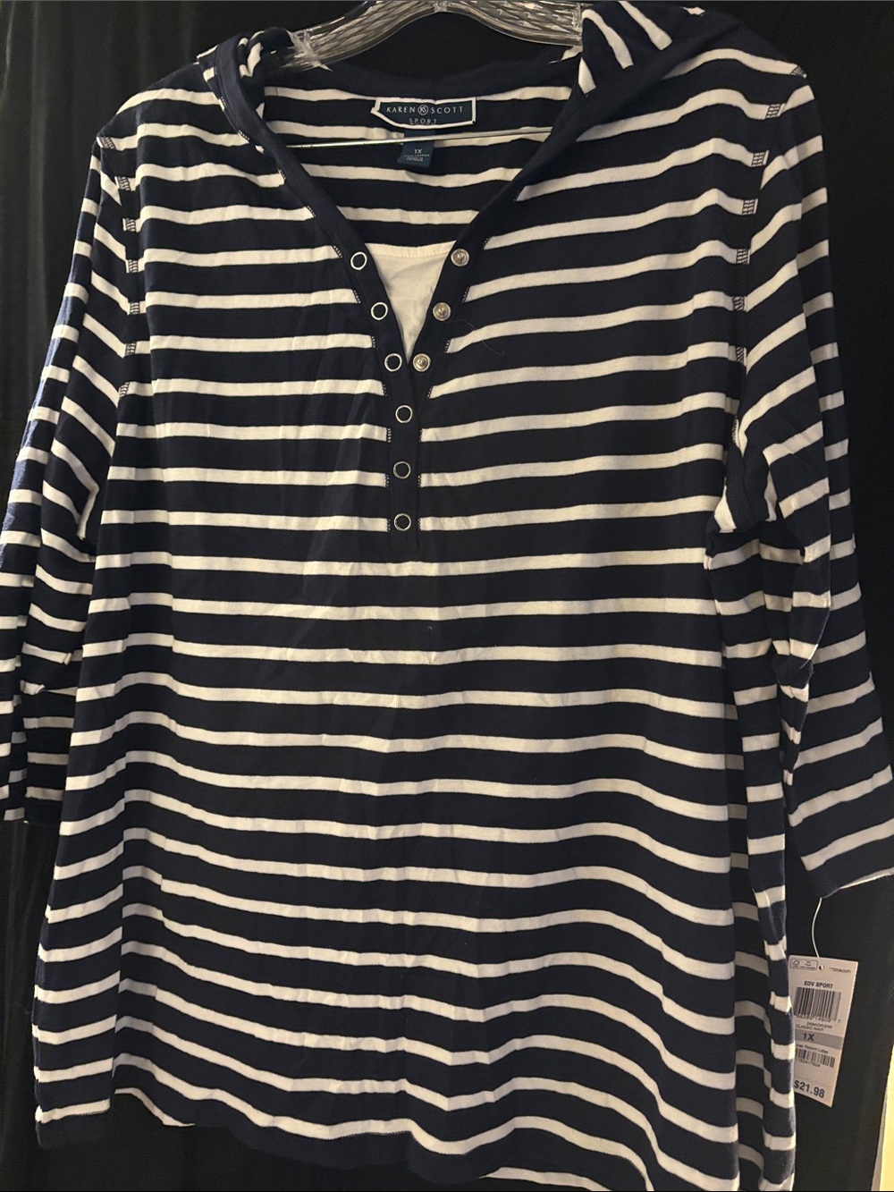 Karen Scott Navy & White Striped Hooded Henley-size 1X